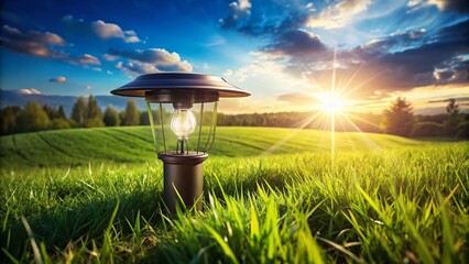 Wall Mural - Giant Solar Light Hovers Over Lush Green Grass on a Sunny Day