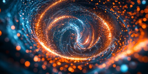 Poster - abstract swirling vortex of blue and orange light particles.
