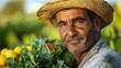 © Lush Diaries - Middle-aged farmer with fresh produce. Warm sunlight, healthy greens.