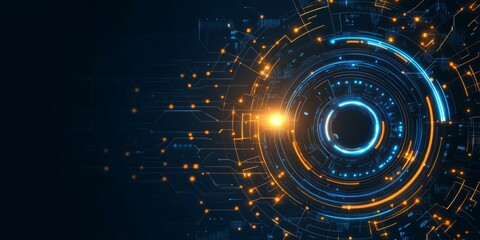 Poster - Abstract futuristic technology background with glowing circular elements and circuit lines.