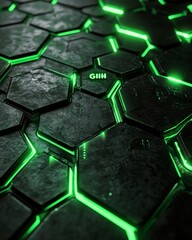 Fototapete - Glowing green lines on dark hexagonal texture.