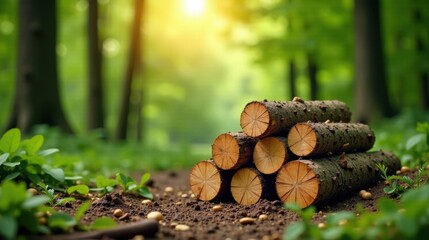Poster - Serene Forest Scene Stack of Logs in Sunlight