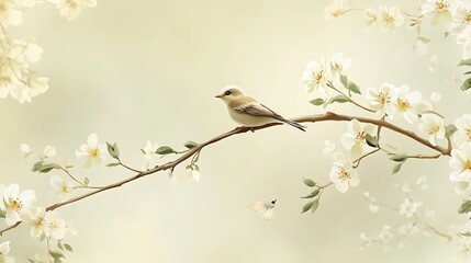 Naklejka na meble A small bird rests on a blossoming branch of white flowers