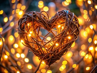 Wall Mural - Glowing Heart Branches: Romantic Nature Stock Photo, Illuminated Twig Heart