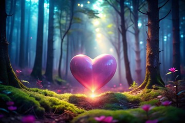 Wall Mural - Glowing Pink Heart in Mystical Twilight Forest - Romantic Fantasy Stock Photo