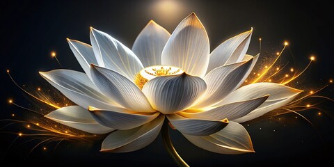 Wall Mural - Glowing White Lotus Flower in Gold, Black Background, Soft Light, Peaceful Bloom, Spiritual Art