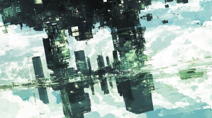 Poster - Abstract Cityscape with Geometric Shapes and Reflection in Water Under a Cloudy Sky Featuring Shades of Green and Blue in a Digital Art Style