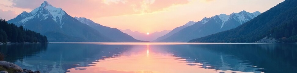 Canvas Print - Mountain lake at sunset with soft blue and white gradient background, lake, peaceful, mountain