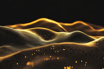 Aufkleber - Abstract golden landscape of flowing particles and waves, showcasing intricate textures and shimmering light against a dark background, representing digital art and innovation.