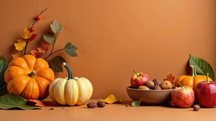 Poster - Autumnal Harvest Still Life Featuring Pumpkins, Apples, and Nuts on a Warm Background