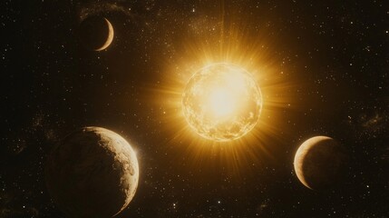 Wall Mural - stunning cosmic scene with planets orbiting bright sun in starry space background