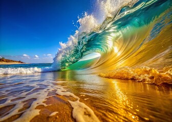 Wall Mural - Golden Sand Beach Wave Crashing Ocean Water Texture Abstract Background