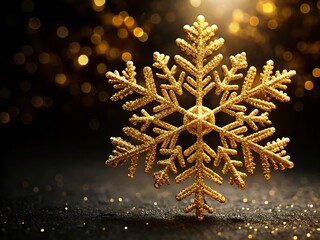 Wall Mural - Golden Snowflake on Black Background: Elegant Winter Holiday Stock Photo