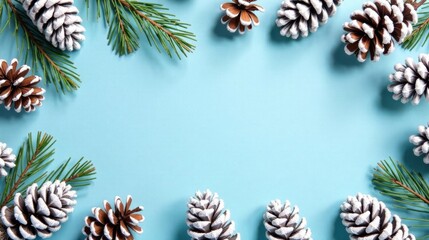 Poster - Winter Wonderland Festive Frame of Pine Cones and Branches on a Light Blue Background
