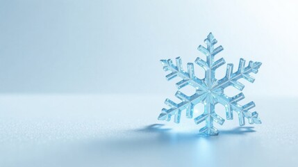 Poster - A Single Delicate Ice Crystal Snowflake on a Light Blue Background