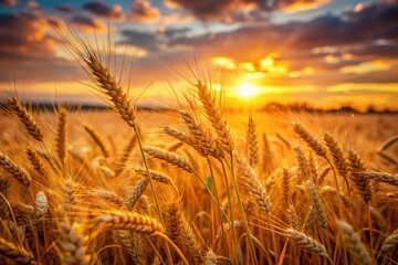 Wall Mural - Golden Wheat Field Bokeh Sunset - Rural Farm Landscape Photography