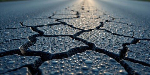Poster - Cracked Pavement Glistens with Morning Dew, a Textured Surface