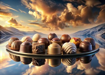 Wall Mural - Gourmet Chocolates Mirrored Surreal Landscape - Luxurious Food Photography