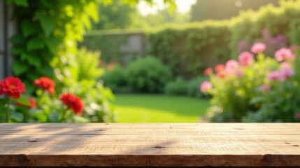 Poster - Rustic Wooden Tabletop with a Blurred Background of a Lush Garden Featuring Vibrant Blooms
