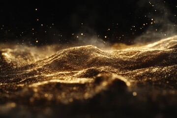 Poster - Captivating Close-up of Shimmering Gold Dust Creating Waves and Sparkles in a Dark Background with Ethereal Lighting Effects