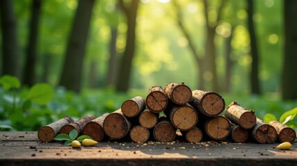 Poster - Serene woodland scene featuring neatly stacked logs on a rustic surface