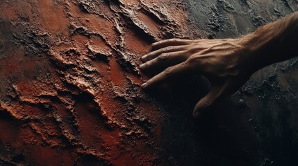 Poster - Close-Up View of Hand Gently Touching Textured Surface with Abstract Patterns and Earthy Tones of Red, Brown, and Black in Artistic and Creative Background Setting