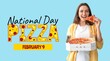 © Pixel-Shot - Young woman eating tasty pizza on light blue background. Banner for National Pizza Day