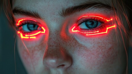 Wall Mural - Close-up of a woman's face with neon red light patterns around her eyes.