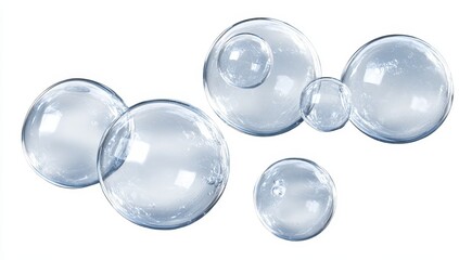 Poster - Transparent soap bubbles cluster on white background.