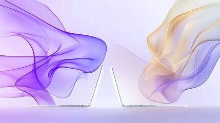 Two laptops with colorful abstract smoke connecting, data transfer concept