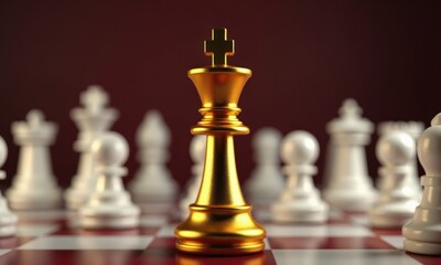 A golden chess king stands tall and resolute amidst a sea of white pawns on a chessboard, symbolizing leadership and strategy.