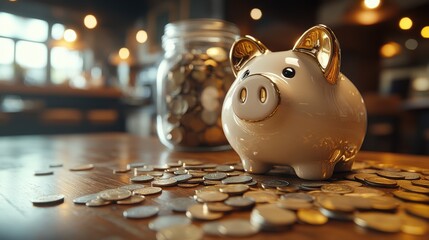 A piggy bank surrounded by coins symbolizes savings and financial planning.