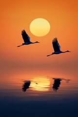 Poster - Silhouettes of cranes flying over a wetland at sunrise