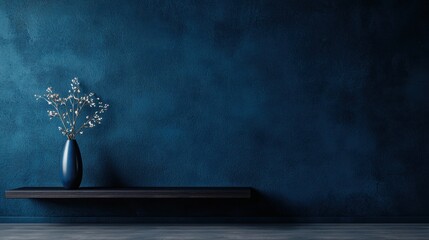 Poster - Minimalist interior with blue wall and vase on shelf