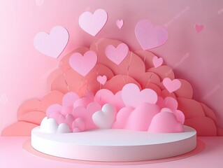 Poster - Pastel Pink Hearts Floating Around Circular Pedestal Dreamy Wedding Valentine's Day Scene 3D Render