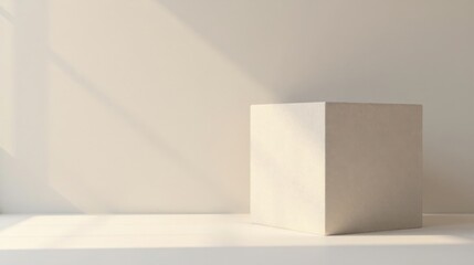 Poster - Minimalist white cube on a bright surface with soft sunlight