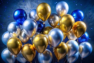 Wall Mural - Hyperrealistic Gold, Blue, Silver & Yellow Balloons on Blue Background - Urban Exploration Photography Style