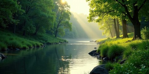 Poster - Serene River Valley at Dawn Sunbeams Filtering Through Lush Green Foliage