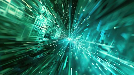 Poster - This captivating artistic visualization showcases the dynamic and vibrant effects of digital technology, featuring bright green light streaks and abstract patterns.