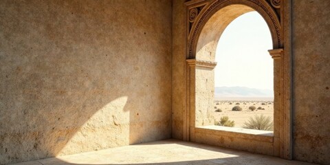 Poster - Sunlit Archway View of a Desert Landscape from an Ancient Stone Room