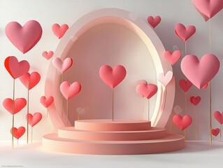 Poster - 3D Podium with Floating Paper Hearts for Valentine's Day Celebration