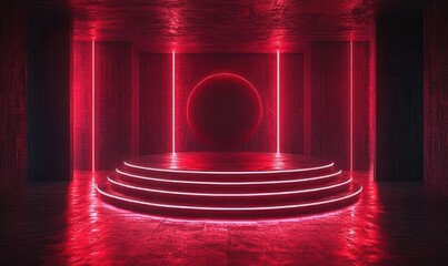Poster - Futuristic Red Neon Platform Dramatic Shadows Minimalist Design 3D Rendering