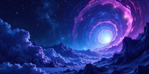 Poster - Celestial Vortex Over a Dreamlike Purple and Blue Mountain Range