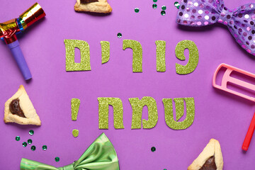 Wall Mural - Composition with text HAPPY PURIM, Hamantaschen cookies, rattle and bows on color background