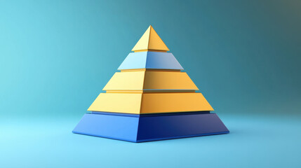 Wall Mural - colorful 3D pyramid with layers in yellow and blue, set against soft blue background, creates visually appealing geometric design. This structure symbolizes hierarchy and organization