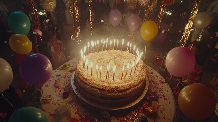 Wall Mural - A birthday cake surrounded by colorful balloons, confetti, and people celebrating.