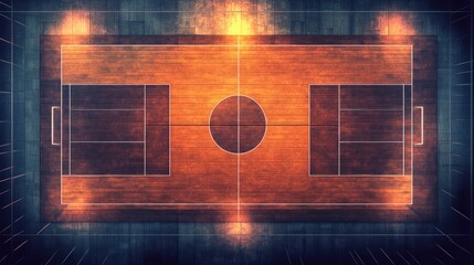 Wall Mural - Overhead view of an indoor sports court with wooden floor and lighting.