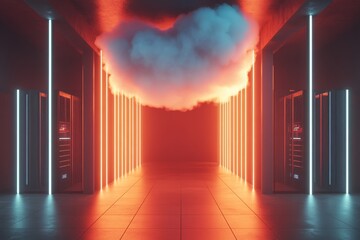 Aufkleber - Futuristic Data Center with Neon Lights and Cloud, Showcasing a High-Tech Environment Ideal for Technology and Innovation Concepts