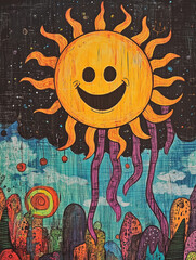 Wall Mural - A crude, colorful drawing of a sunny day, marred by an ominous black cloud with tentacles reaching out toward the smiling stick-figure sun