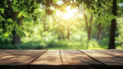 Wall Mural - rustic wooden table in a sunlit forest; green leaves frame the scene. perfect for showcasing product